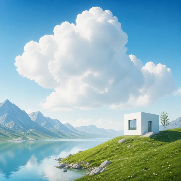 A tiny white house under a huge cloud, beside a blue mountain lake