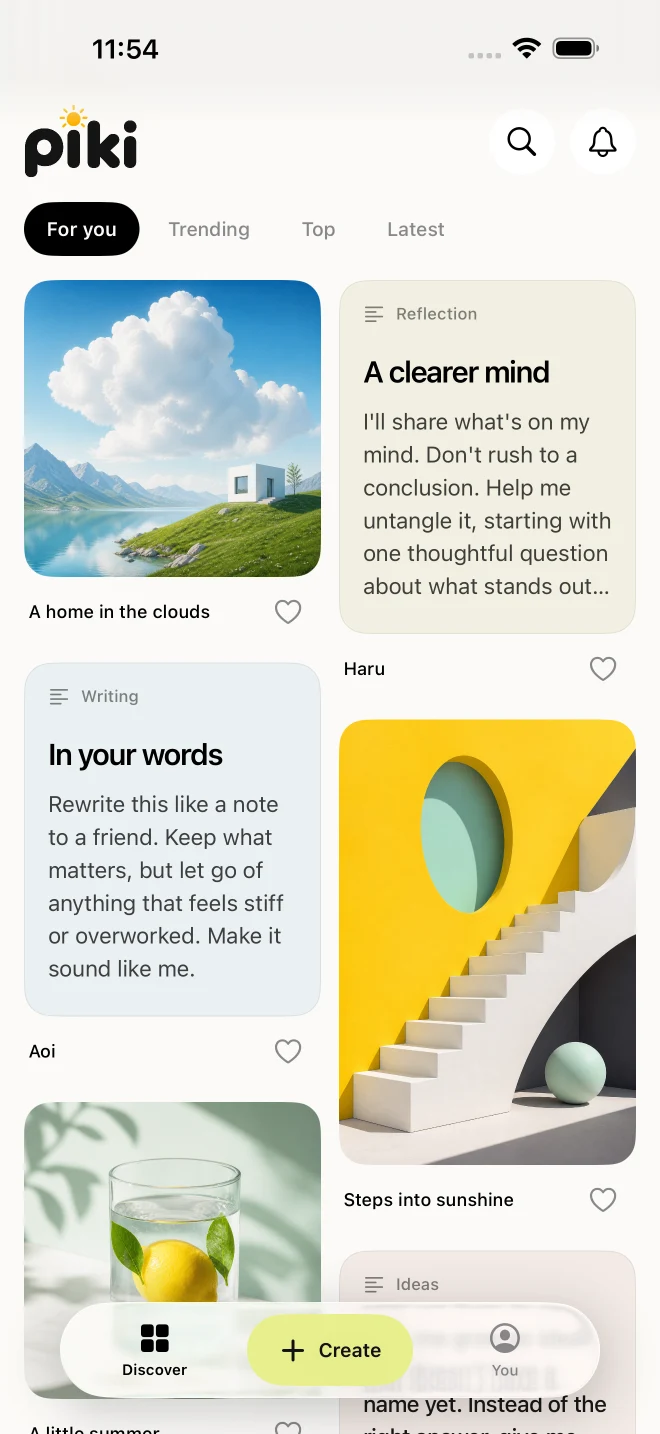 Piki on iPhone: an image and text prompt feed with a floating glass navigation bar