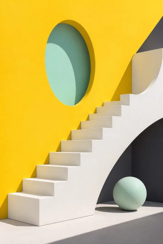 A sculptural white staircase against a sunny yellow wall